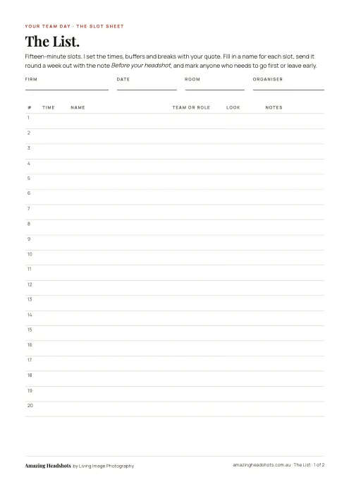 First page of The List: slot sheet PDF