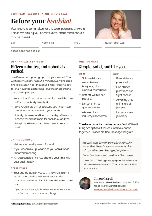 First page of the Before your headshot PDF